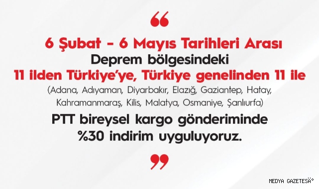 DEPREMZEDE VATANDAŞLARA ‘BİREYSEL KARGO GÖNDERİSİ’NDE İNDİRİM