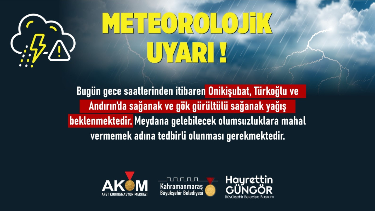 Onikişubat, Türkoğlu ve Andırın’da Sağanak Yağış Uyarısı!