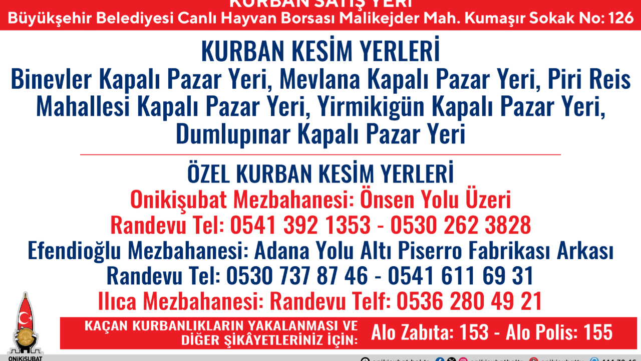 Onikişubat Belediyesi’nden kurbanlık satış ve kesim yerleri açıklaması