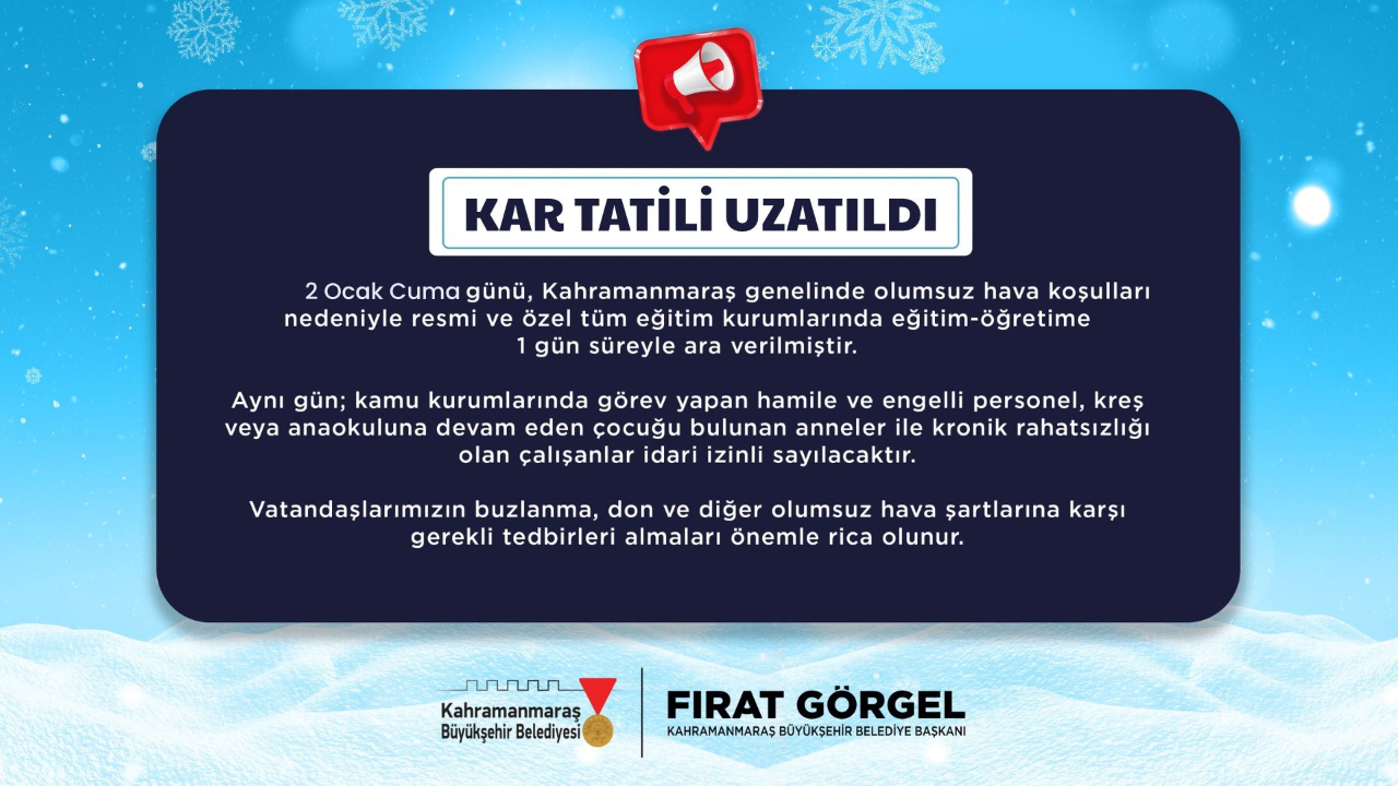 Olumsuz Hava Koşulları Nedeniyle 2 Ocak’ta Eğitime 1 Günlük Ara!