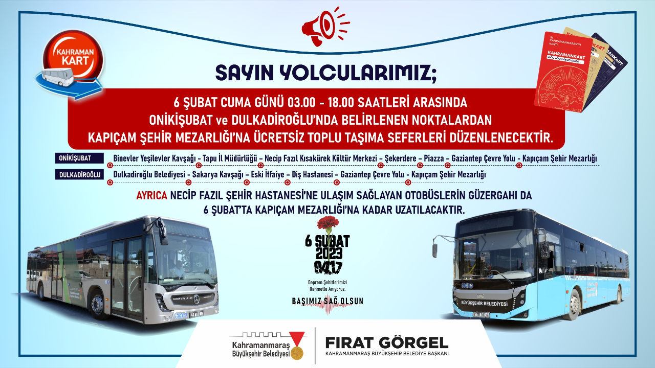 Büyükşehir’den 6 Şubat’ta Mezarlık Ziyaretleri İçin Ücretsiz Ulaşım