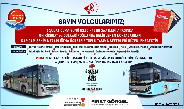 Büyükşehir’den 6 Şubat’ta Mezarlık Ziyaretleri İçin Ücretsiz Ulaşım