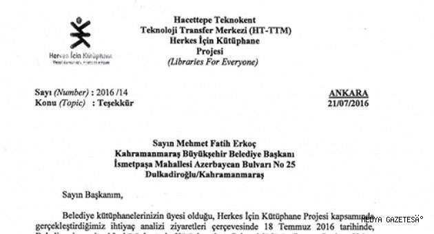 BAŞKAN ERKOÇ’A ‘KÜTÜPHANE’ TEŞEKKÜRÜ