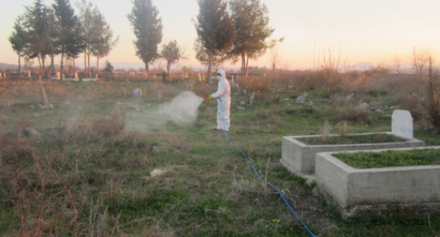 MEZARLIKLARDA İLAÇLAMA VE BAKIM ÇALIŞMALARI DEVAM EDİYOR