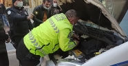 Polis aracının motoruna giren kedi yavrusunu polisler kurtardı